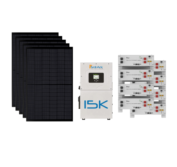 Sol-Ark 15kW Hybrid Inverter + 40.8kWh (8×5.1kWh) Deye Battery Storage + 14.76kW U.S.-Made All-Black 410W PERC Solar Panels